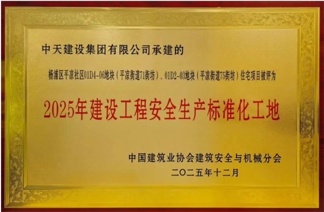 中天控股集团承建9个项目列为2025年建设工程安全生产标准化工地学习交流项目奖项
